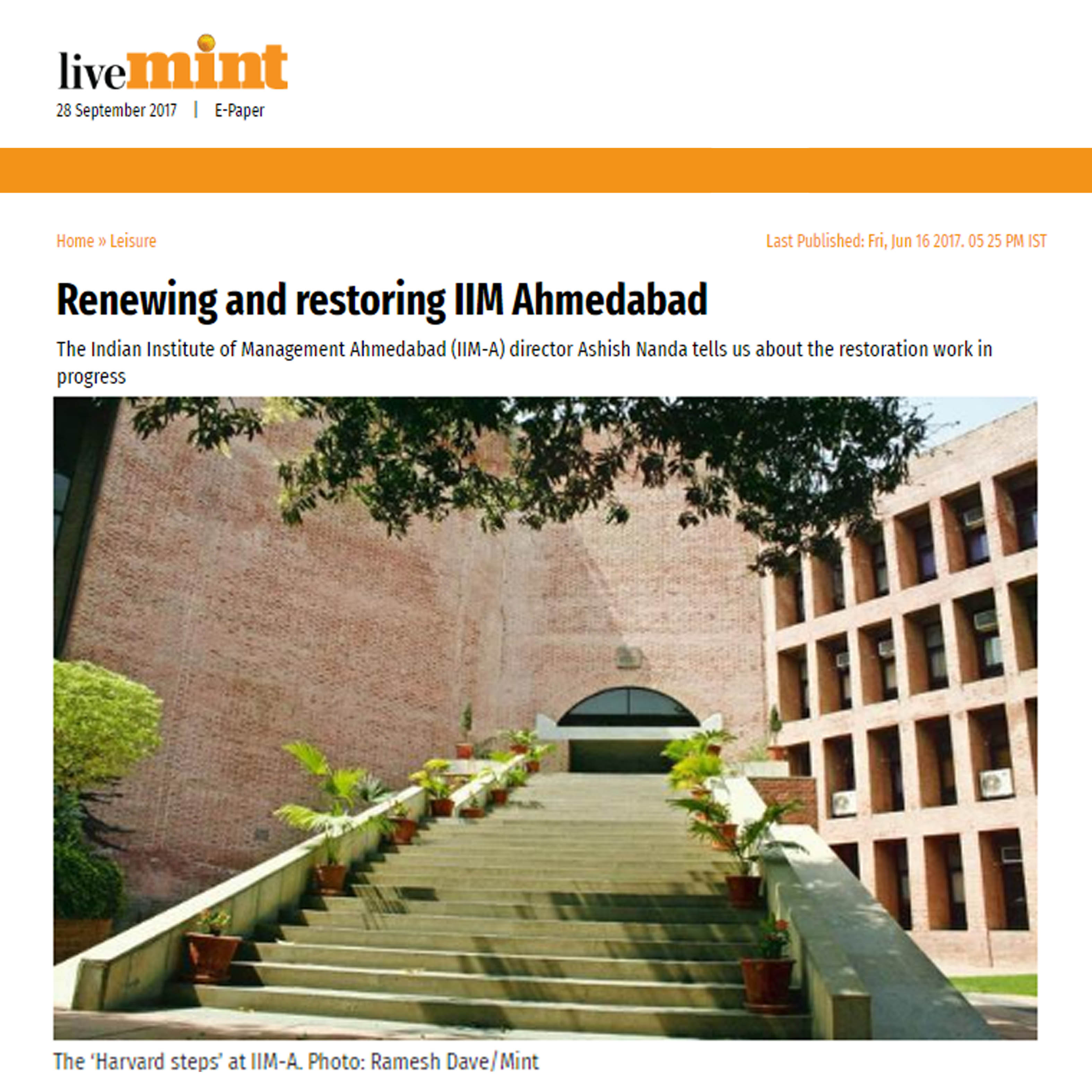 Renewing and restoring IIM Ahmedabad, LiveMint, 16th June 2017